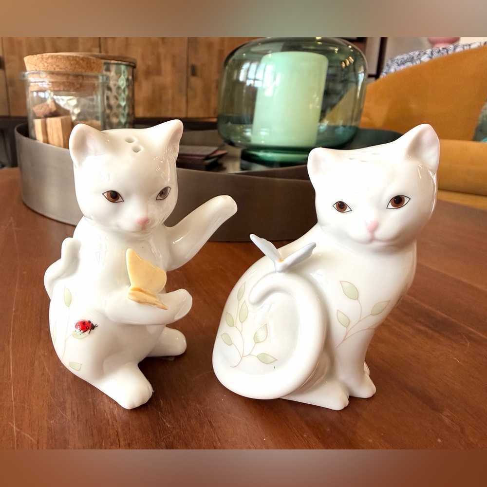 Lenox White Cat Figurines with Butterfly and Leaf Accents